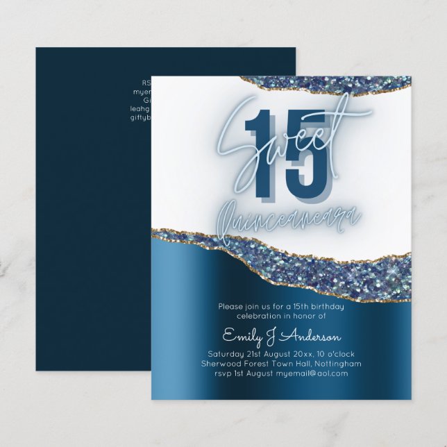 Glamor Blue Silver Foil Glitter Quinceanera 15th P (Front/Back)