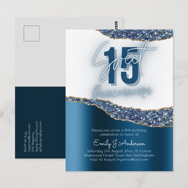Glamor Blue Silver Foil Glitter Quinceanera 15th Postcard (Front/Back)