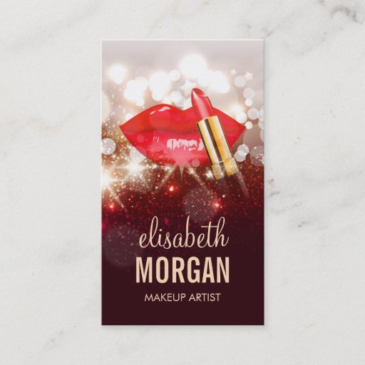 Customizable Glamor Red Lips Gold Glitter Sparkle Makeup Artist Business Card