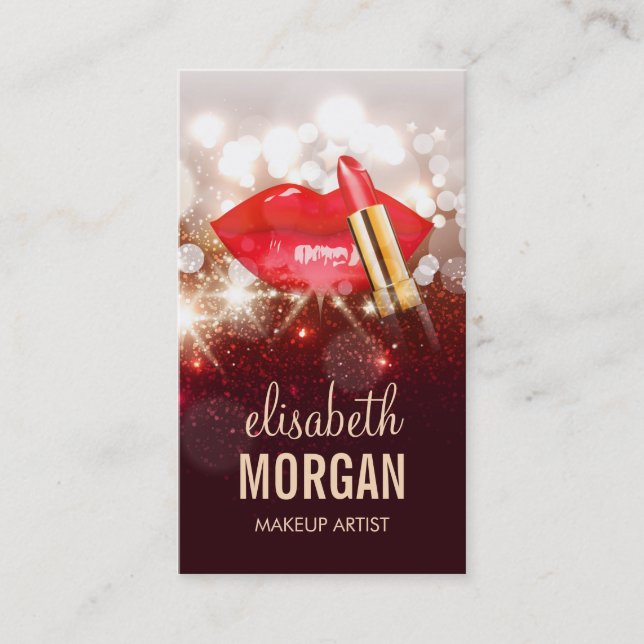 Glamor Red Lips Gold Glitter Sparkle Makeup Artist Business Card (Front)
