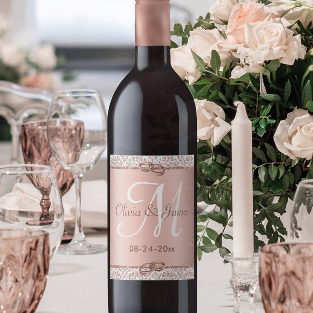 Glamor Rose Gold Monogram Damask Wedding Wine Label (Creator Uploaded)