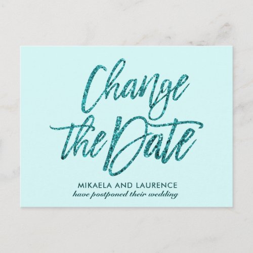 Glamorou Aqua glitter script change the date Announcement Postcard