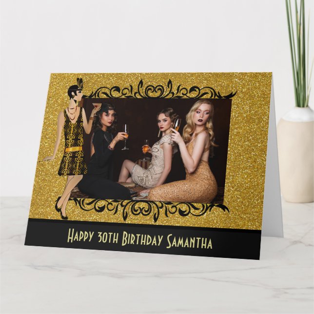 Glamorous 1920s Flapper Girl Gold 30th Photo Card (Front)