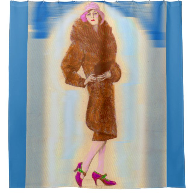 glamorous 1920s woman in fur coat shower curtain (Front)