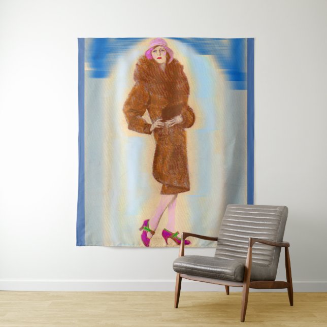 glamorous 1920s woman in fur coat tapestry (In Situ)
