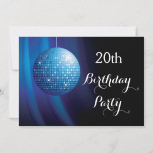 Glamorous 20th Birthday Blue Party Disco Ball Invitation