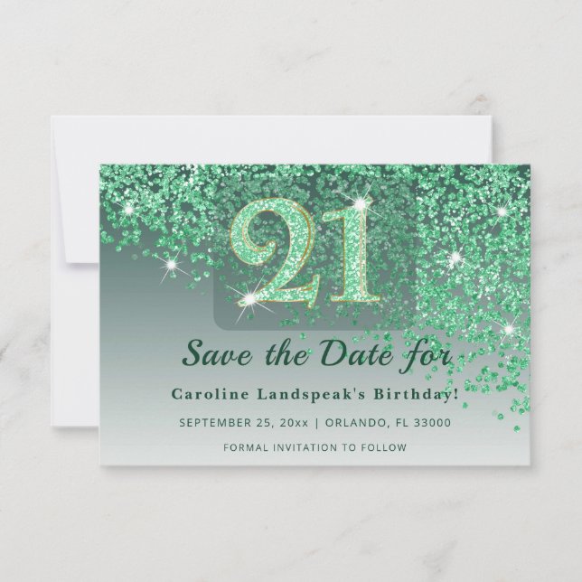 Glamorous 21st Birthday Emerald Green Frosted Save The Date (Front)