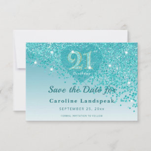 Glamorous 21st Birthday Teal Glitter Frosted Heart Save The Date