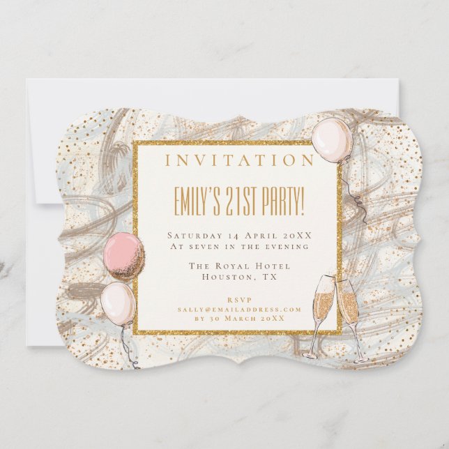 Glamorous 21st Party Gold Confetti Flutes Balloons Invitation (Front)