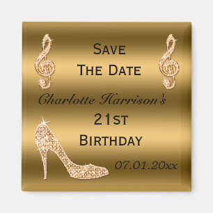 Glamorous 21st Save The Date Gold Stiletto Magnet