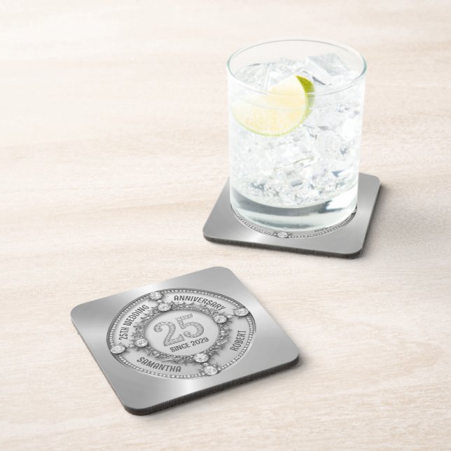 Glamorous 25th Wedding Anniversary Beverage Coaster (Right Side)