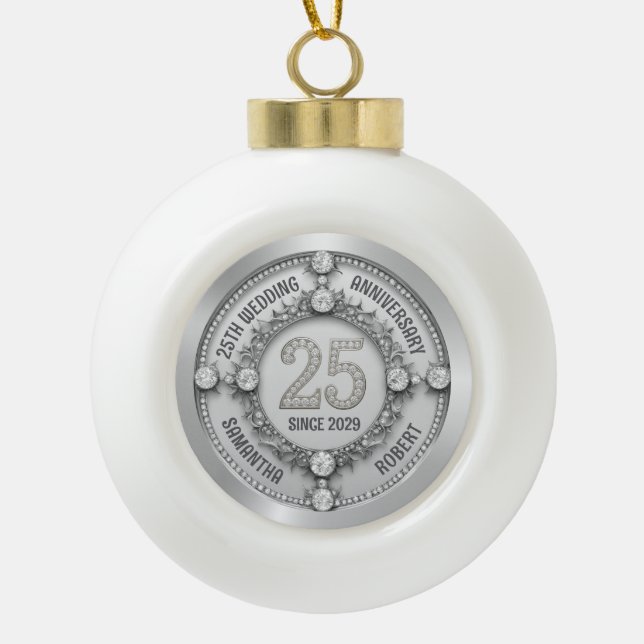 Glamorous 25th Wedding Anniversary Ceramic Ball Christmas Ornament (Front)