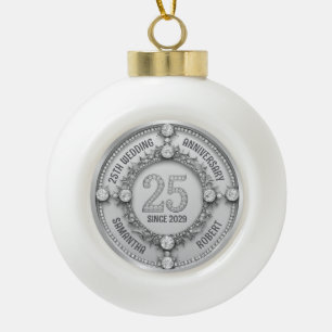 Glamorous 25th Wedding Anniversary Ceramic Ball Christmas Ornament