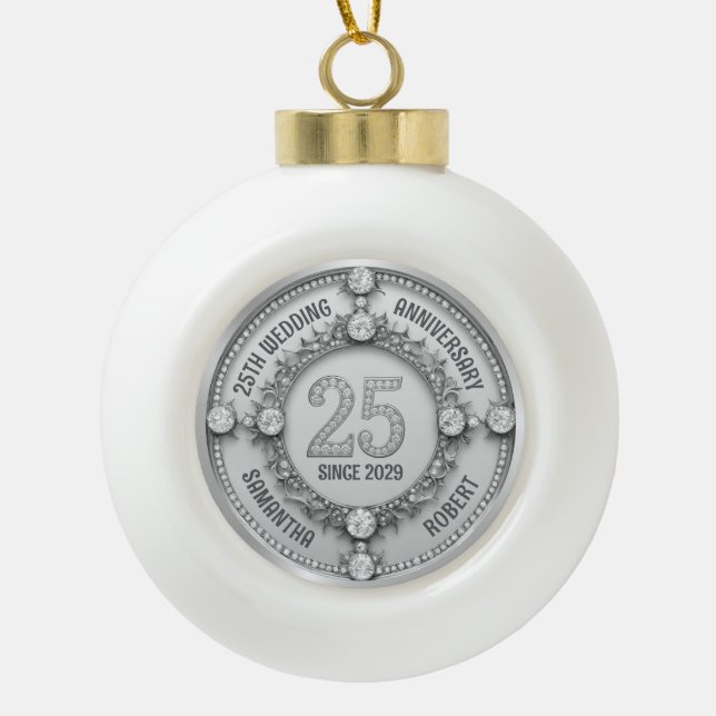 Glamorous 25th Wedding Anniversary Ceramic Ball Christmas Ornament (Front)
