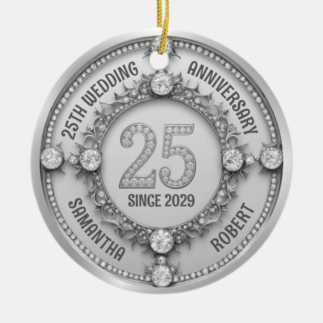 Glamorous 25th Wedding Anniversary Ceramic Ornament (Front)