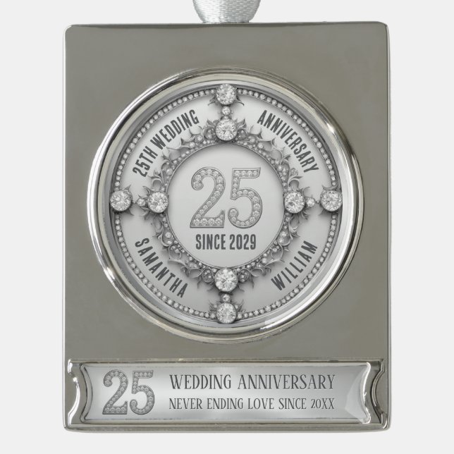 Glamorous 25th Wedding Anniversary Silver Plated Banner Ornament (Front)