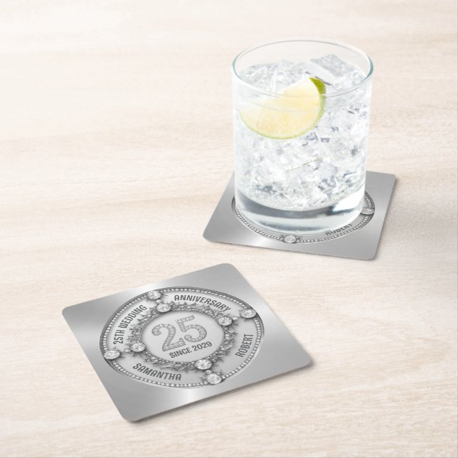 Glamorous 25th Wedding Anniversary Square Paper Coaster (Insitu)
