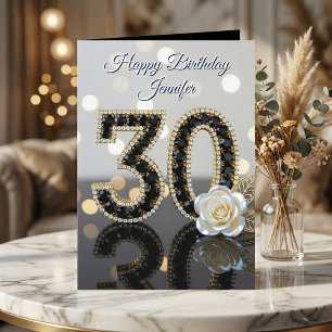 Glamorous 30th Birthday Black Diamonds White Rose Card