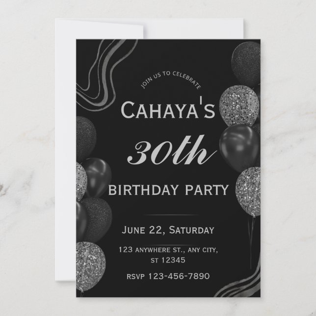 Glamorous 30th Birthday Black Silver Glitzy Invitation (Front)