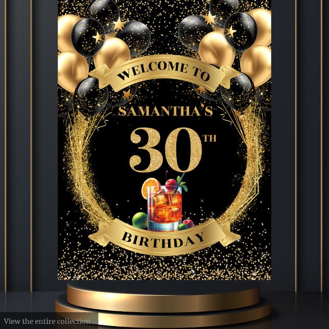 Glamorous 30th Birthday Whiskey Black Gold Display Tapestry (Glamorous 30th Birthday Whiskey Black Gold Display)