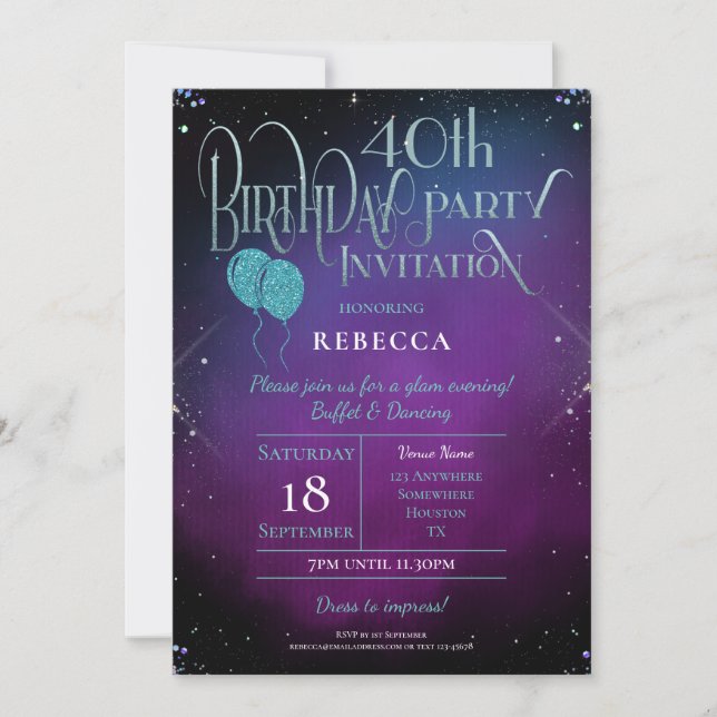 Glamorous 40th Birthday Ornate Script Purple Party Invitation (Front)