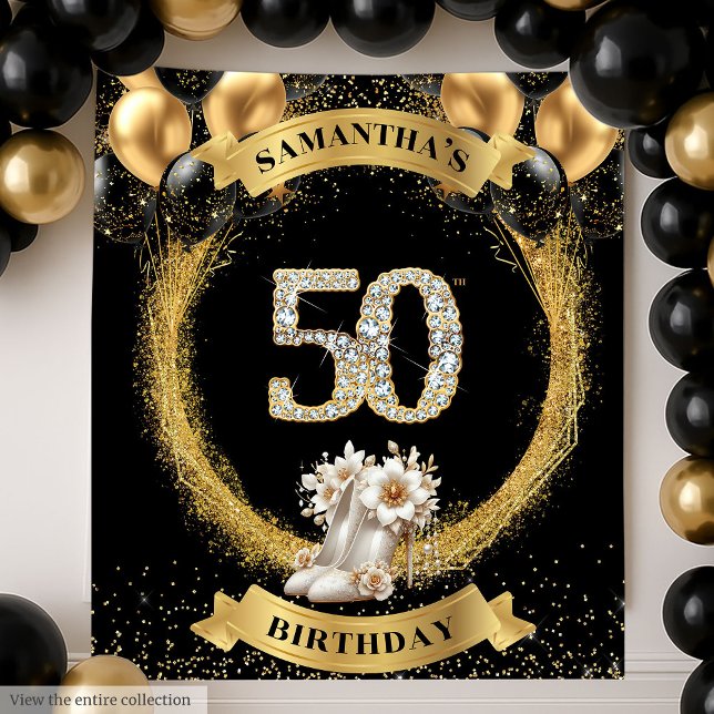 Glamorous 50th Birthday Banner Diamond High Heels Tapestry (Glamorous 50th Birthday Banner Diamond High Heels)