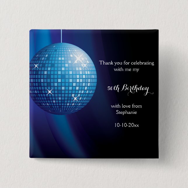 Glamorous 50th Birthday Blue Party Disco Ball Button (Front)