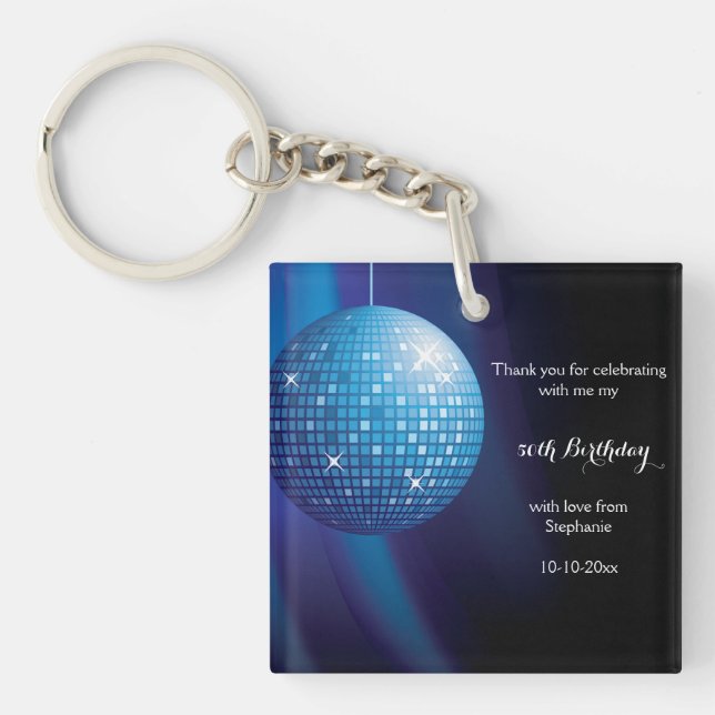 Glamorous 50th Birthday Blue Party Disco Ball Keychain (Front)