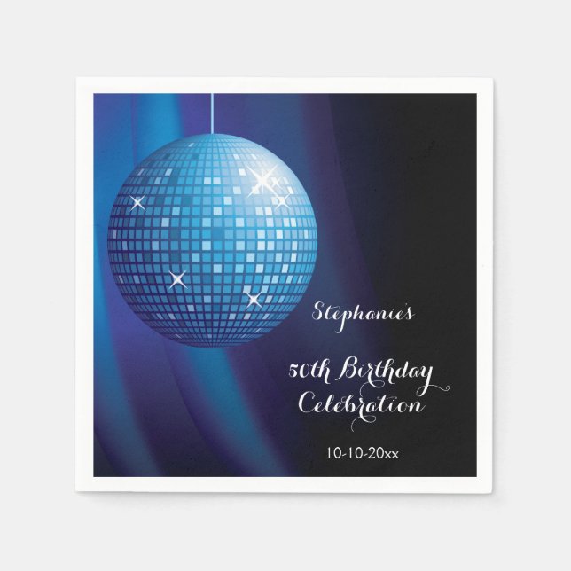 Glamorous 50th Birthday Blue Party Disco Ball Napkins (Front)