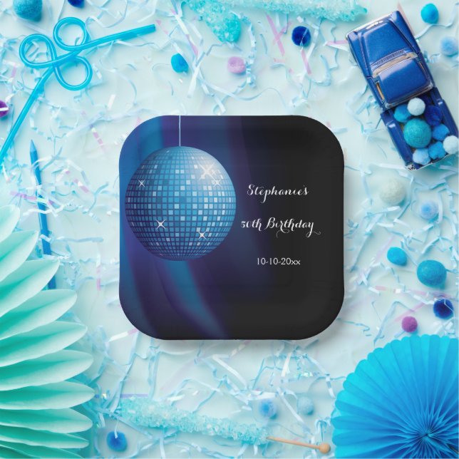 Glamorous 50th Birthday Blue Party Disco Ball Paper Plates (Party)