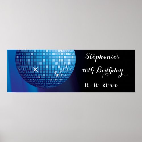 Glamorous 50th Birthday Blue Party Disco Ball Poster
