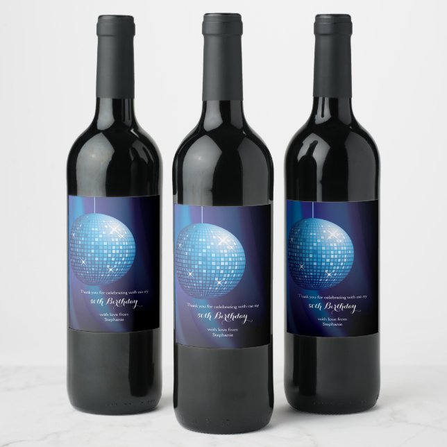 Glamorous 50th Birthday Blue Party Disco Ball Wine Label (Bottles)