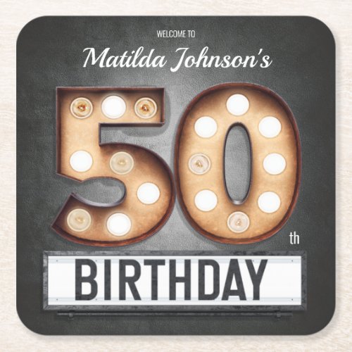 Glamorous 50th Birthday Light Bulb Marquee Custom Square Paper Coaster