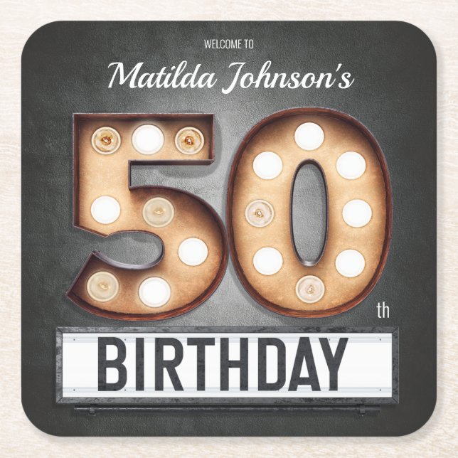 Glamorous 50th Birthday Light Bulb Marquee Custom Square Paper Coaster (Front)