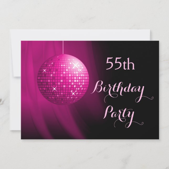 Glamorous 55th Birthday Hot Pink Party Disco Ball Invitation (Front)