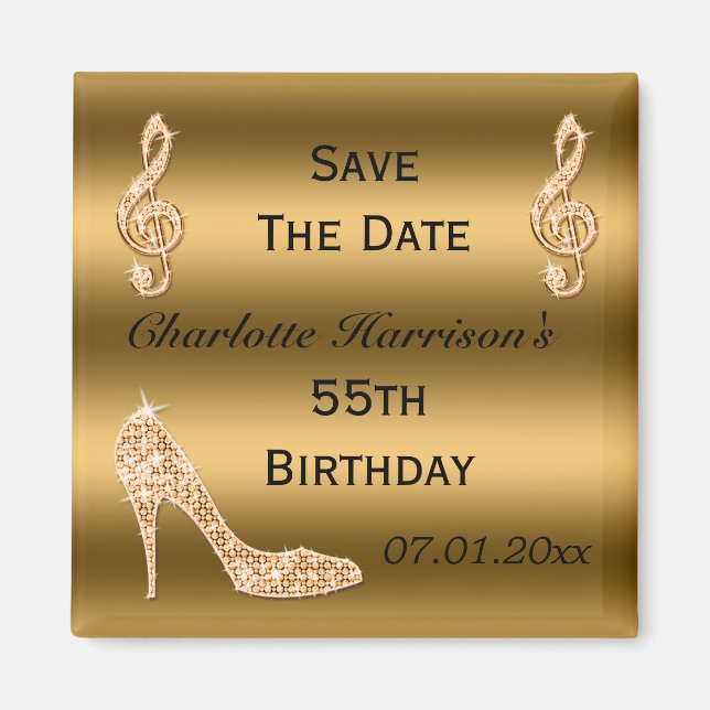 Glamorous 55th Save The Date Gold Stiletto Magnet (Front)