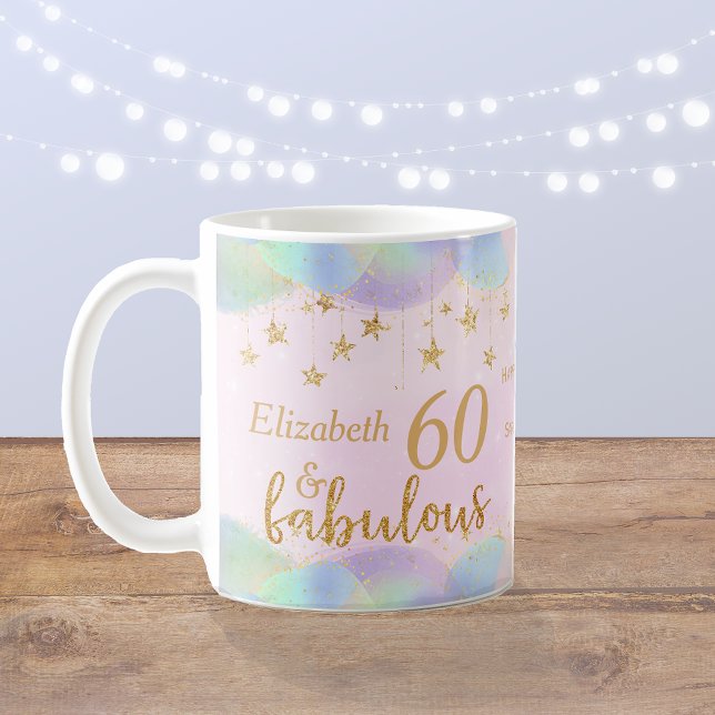 Glamorous 60th Birthday Gold Glitter Coffee Mug (A fabulous 60th birthday design with gold stars balloons and glitter effect wording)