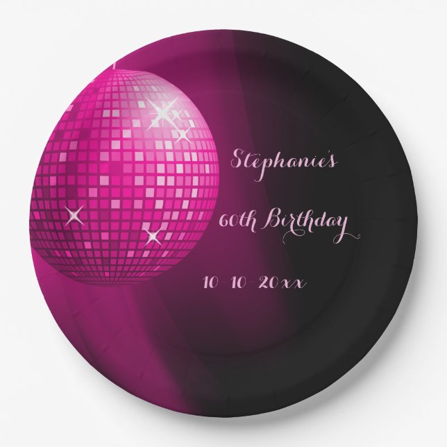 Glamorous 60th Birthday Hot Pink Party Disco Ball Paper Plates (Front)