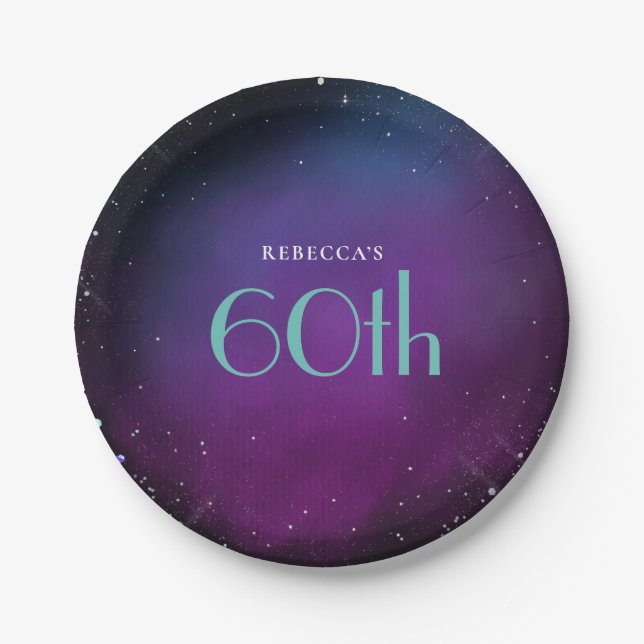 Glamorous 60th Birthday Party Purple Name Paper Plates (Front)