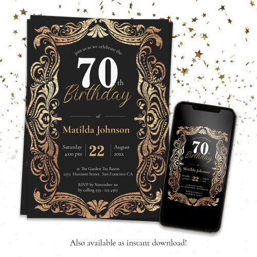 Glamorous 70th Birthday Gold Black Boho Elegant Invitation