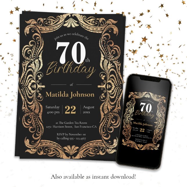 Glamorous 70th Birthday Gold Black Boho Elegant Invitation (Glamorous 70th Birthday Gold Black Boho Elegant Invitation)