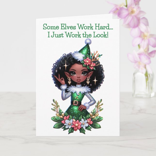 Glamorous African American Christmas Elf Card (Orchid)