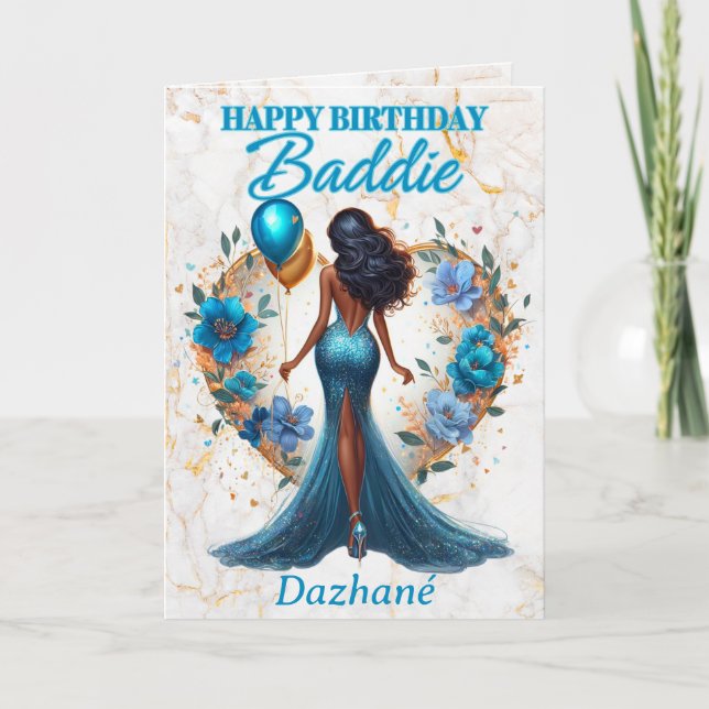 Glamorous African American Woman Blue Birthday Card (Front)
