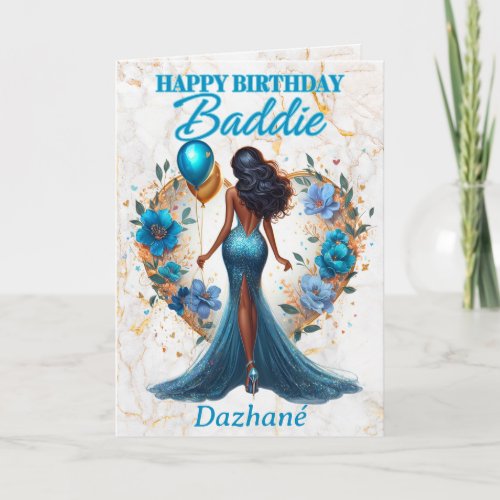 Glamorous African American Woman Blue Birthday Card