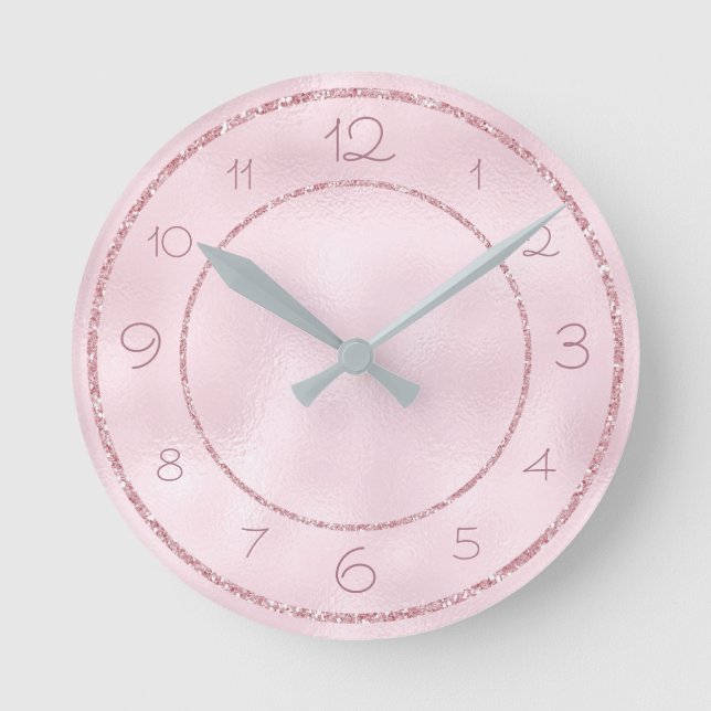 Glamorous and Girly Pink Glitter on Foil Round Clock (Front)