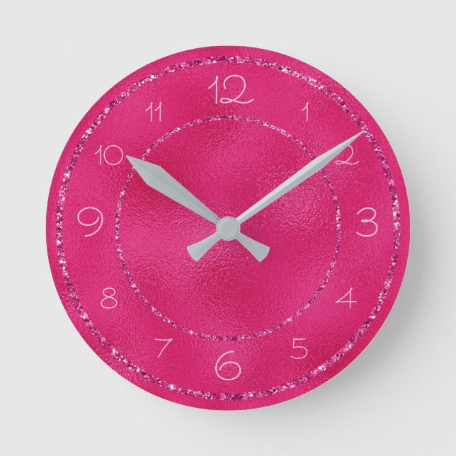 Glamorous and Girly Pink Glitter on Shiny Foil Round Clock (Front)