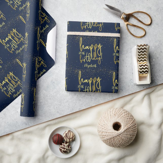 Glamorous Any Age Birthday Navy Gold Wrapping Paper (Crafts)