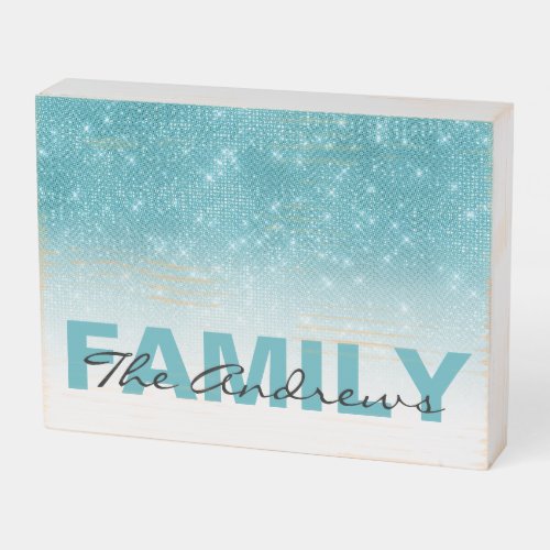 Glamorous Aqua Blue Glitter Sequin Ombre Family Wooden Box Sign