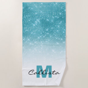 Glamorous Aqua Blue Glitter Sequin Ombre Monogram Beach Towel