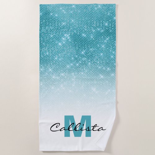 Glamorous Aqua Blue Glitter Sequin Ombre Monogram Beach Towel